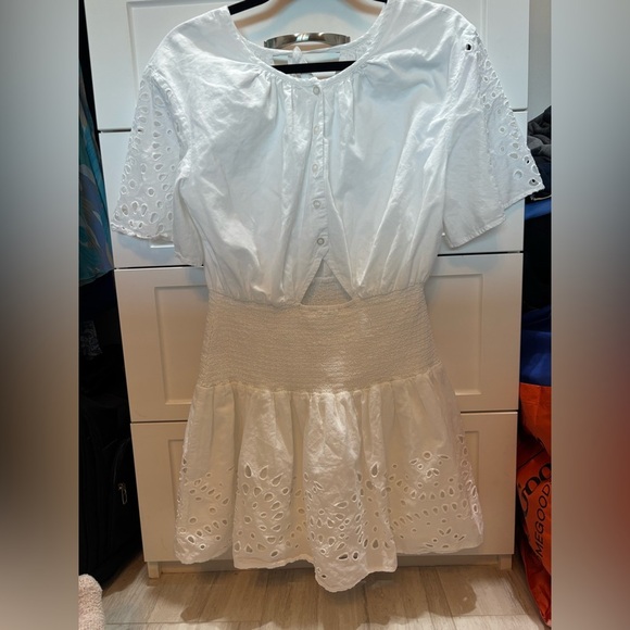 THAKOON Collective Dress Womens 10 White Eyelet Poplin Mini Smocked Waist Lined - Picture 4 of 5